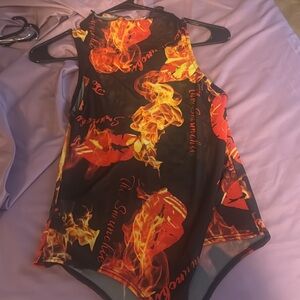 Fashion Nova Black Bodysuit with Red & Yellow Flame Print